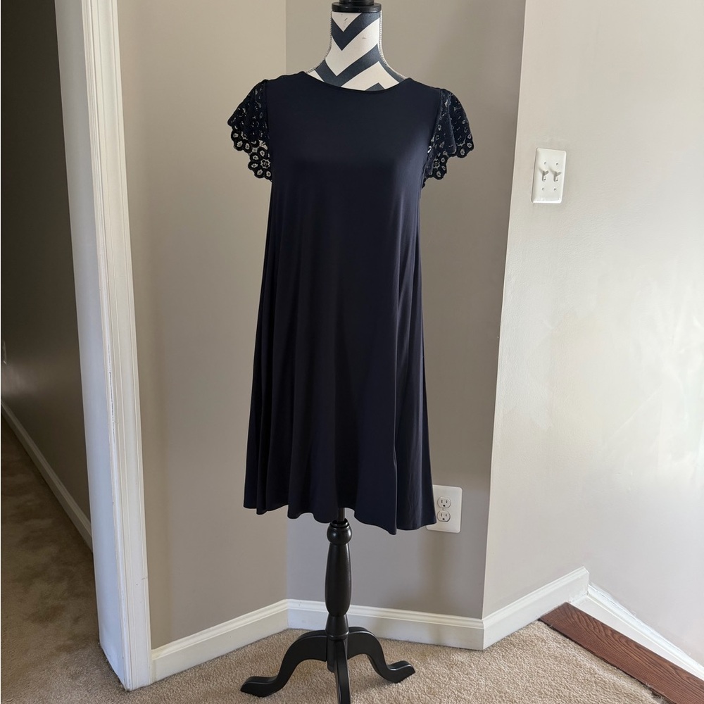 LOFT Navy Blue Short Sleeve Swing Dress with Eyelet Sleeves